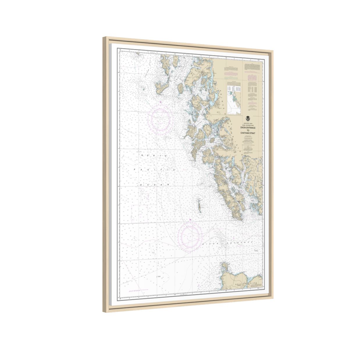 Chart 17400 Dixon Entrance to Chatham Strait - NOAA Nautical Chart Floating Frame Canvas | 24" x 32" | 30" x 40" - Natural side