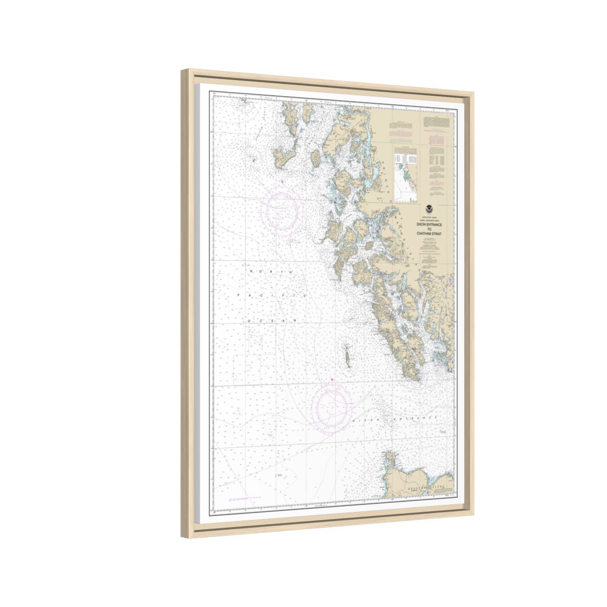 Chart 17400 Dixon Entrance to Chatham Strait - NOAA Nautical Chart Floating Frame Canvas | 24" x 32" | 30" x 40" - Natural side
