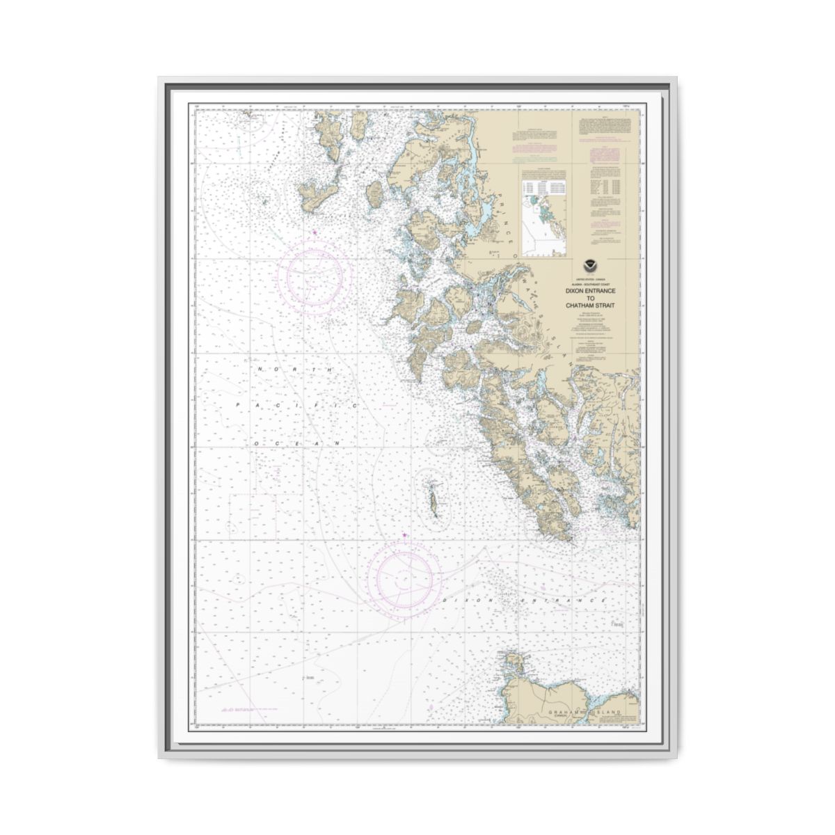 Chart 17400 Dixon Entrance to Chatham Strait - NOAA Nautical Chart Floating Frame Canvas | 24" x 32" | 30" x 40" - White front