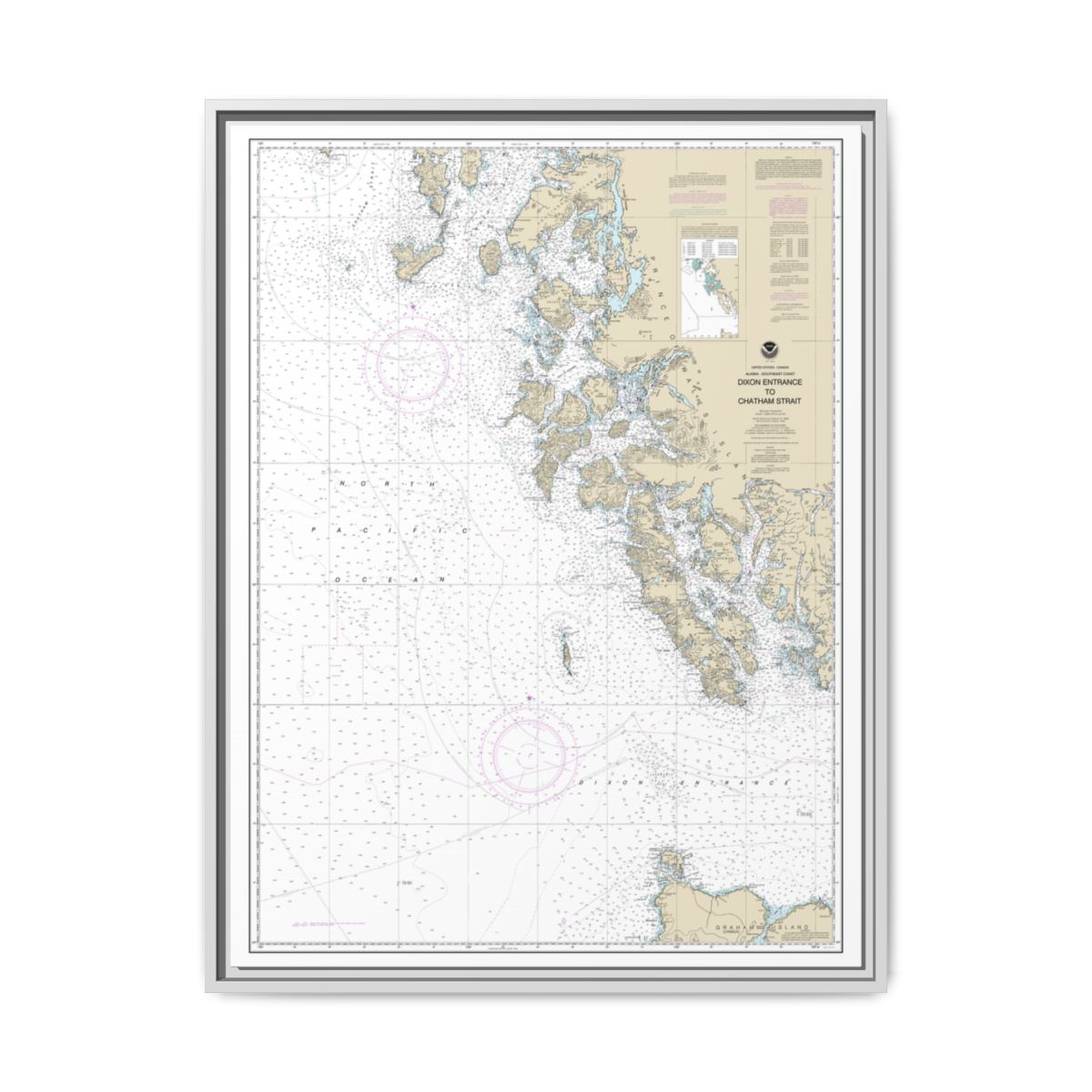 Chart 17400 Dixon Entrance to Chatham Strait - NOAA Nautical Chart Floating Frame Canvas | 24" x 32" | 30" x 40" - White front