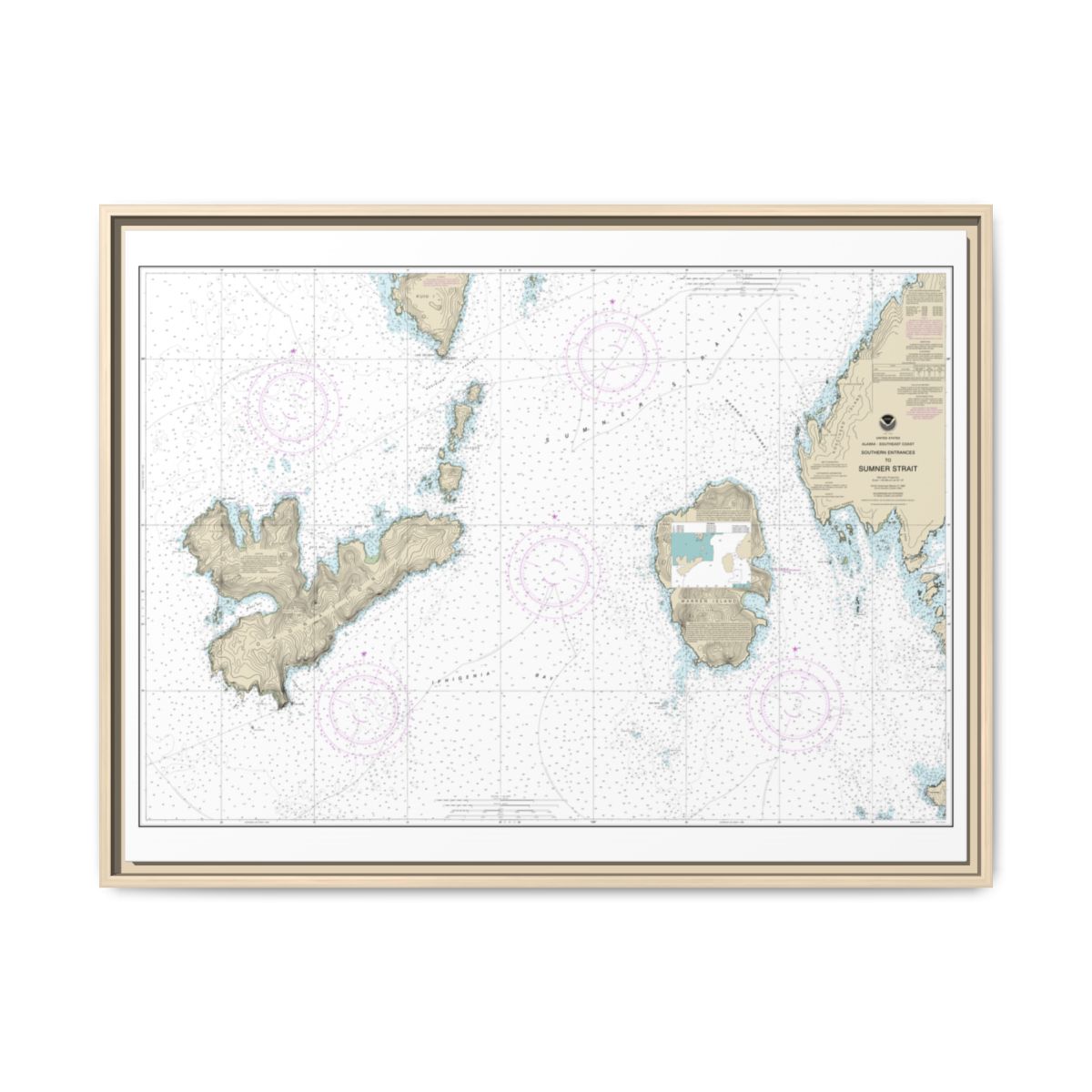 Chart 17402 Southern Entrances to Sumner Strait - NOAA Nautical Chart Floating Frame Canvas | 32" x 24" | 40" x 30" - Natural front