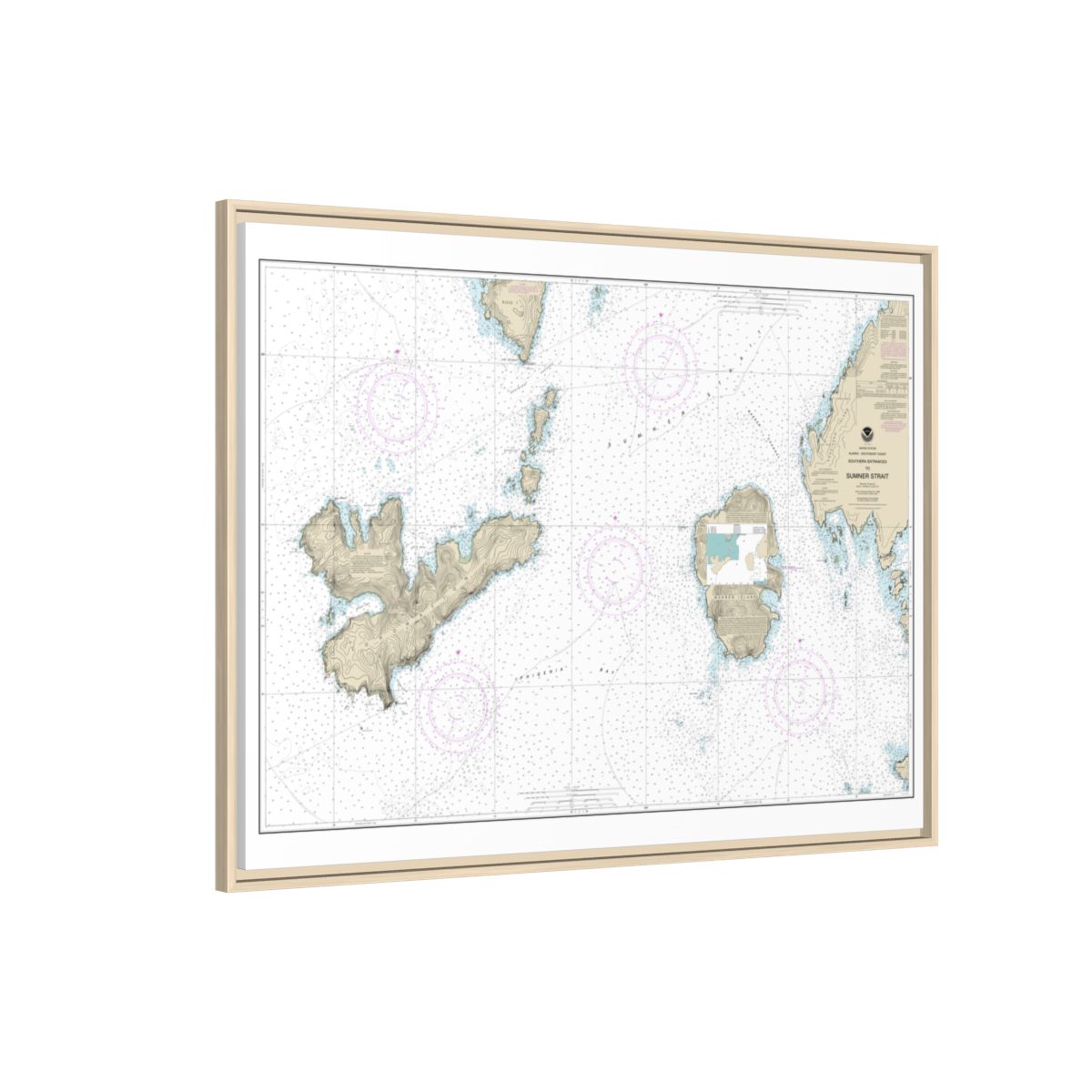 Chart 17402 Southern Entrances to Sumner Strait - NOAA Nautical Chart Floating Frame Canvas | 32" x 24" | 40" x 30" - Natural side