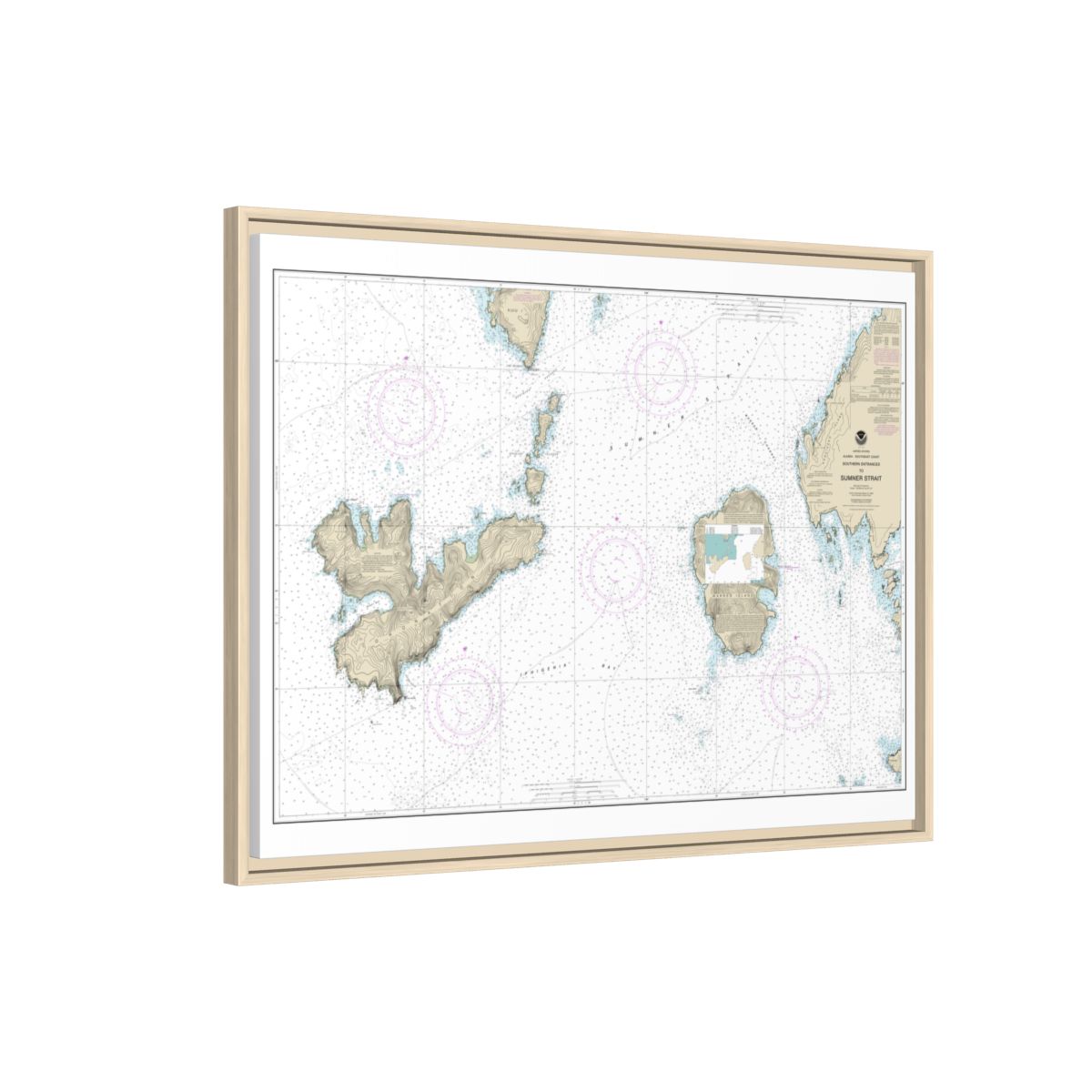 Chart 17402 Southern Entrances to Sumner Strait - NOAA Nautical Chart Floating Frame Canvas | 32" x 24" | 40" x 30" - Natural side