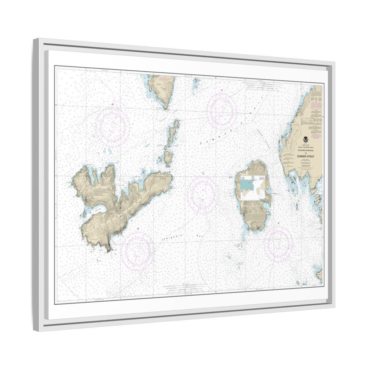 Chart 17402 Southern Entrances to Sumner Strait - NOAA Nautical Chart Floating Frame Canvas | 32" x 24" | 40" x 30" - White side