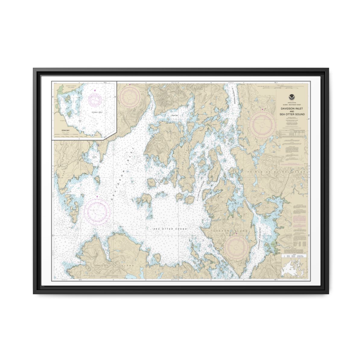 Chart 17403 Davidson Inlet and Sea Otter Sound;Edna Bay - NOAA Nautical Chart Floating Frame Canvas | 32" x 24" | 40" x 30" - Black front