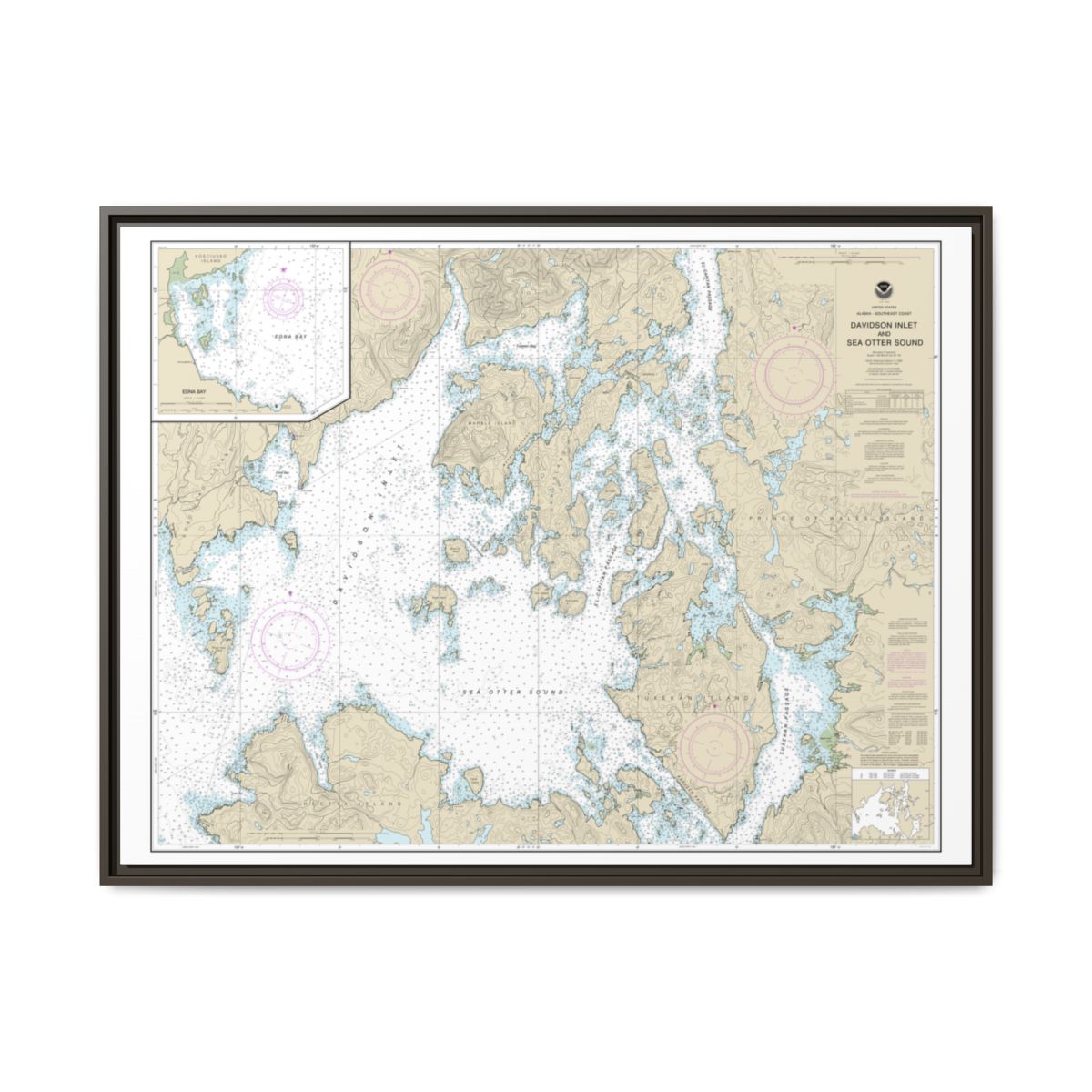 Chart 17403 Davidson Inlet and Sea Otter Sound;Edna Bay - NOAA Nautical Chart Floating Frame Canvas | 32" x 24" | 40" x 30" - Espresso front