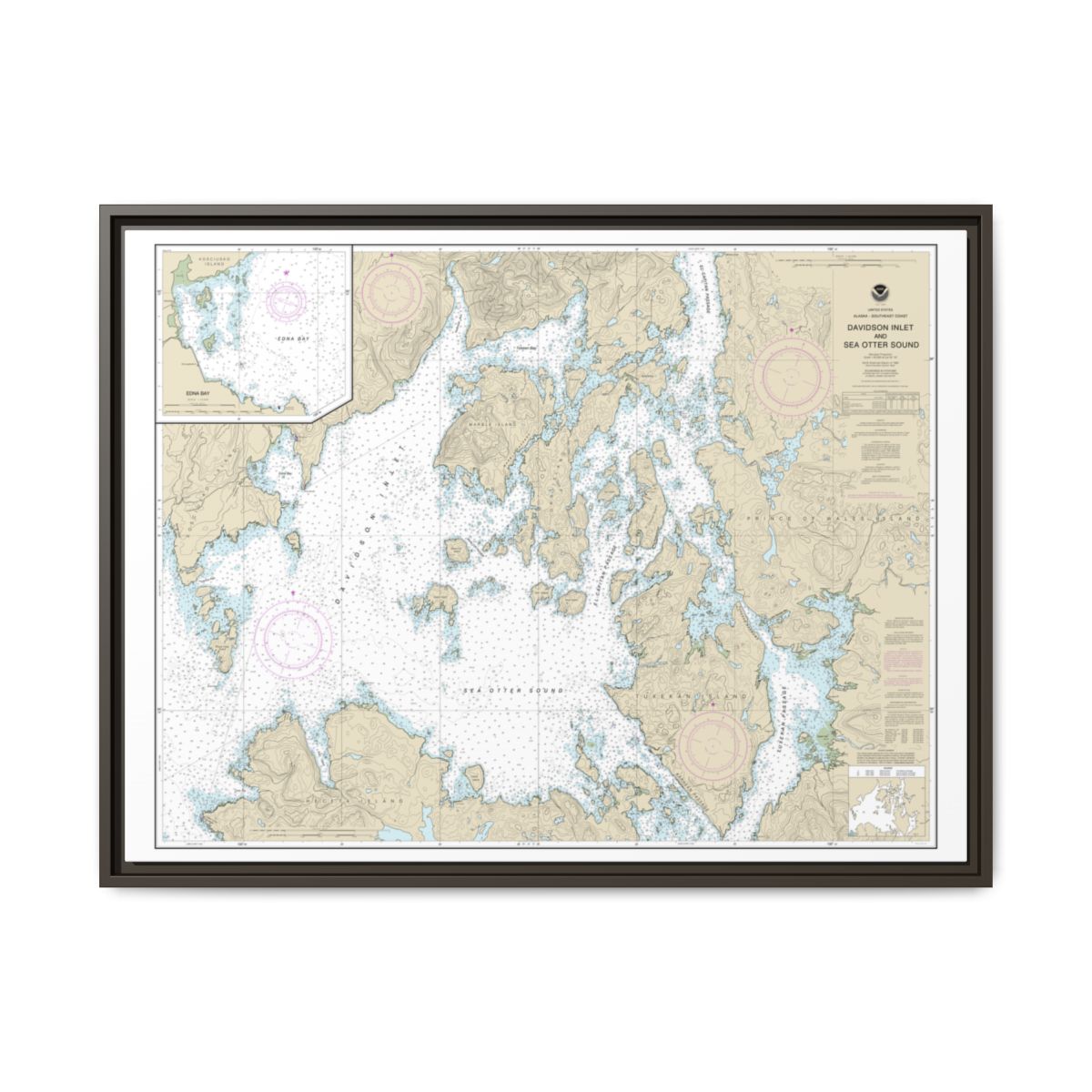 Chart 17403 Davidson Inlet and Sea Otter Sound;Edna Bay - NOAA Nautical Chart Floating Frame Canvas | 32" x 24" | 40" x 30" - Espresso front