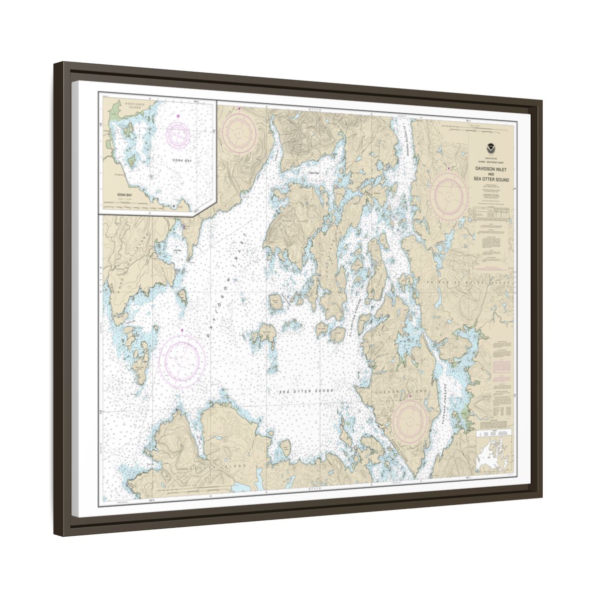 Chart 17403 Davidson Inlet and Sea Otter Sound;Edna Bay - NOAA Nautical Chart Floating Frame Canvas | 32" x 24" | 40" x 30" - Espresso side