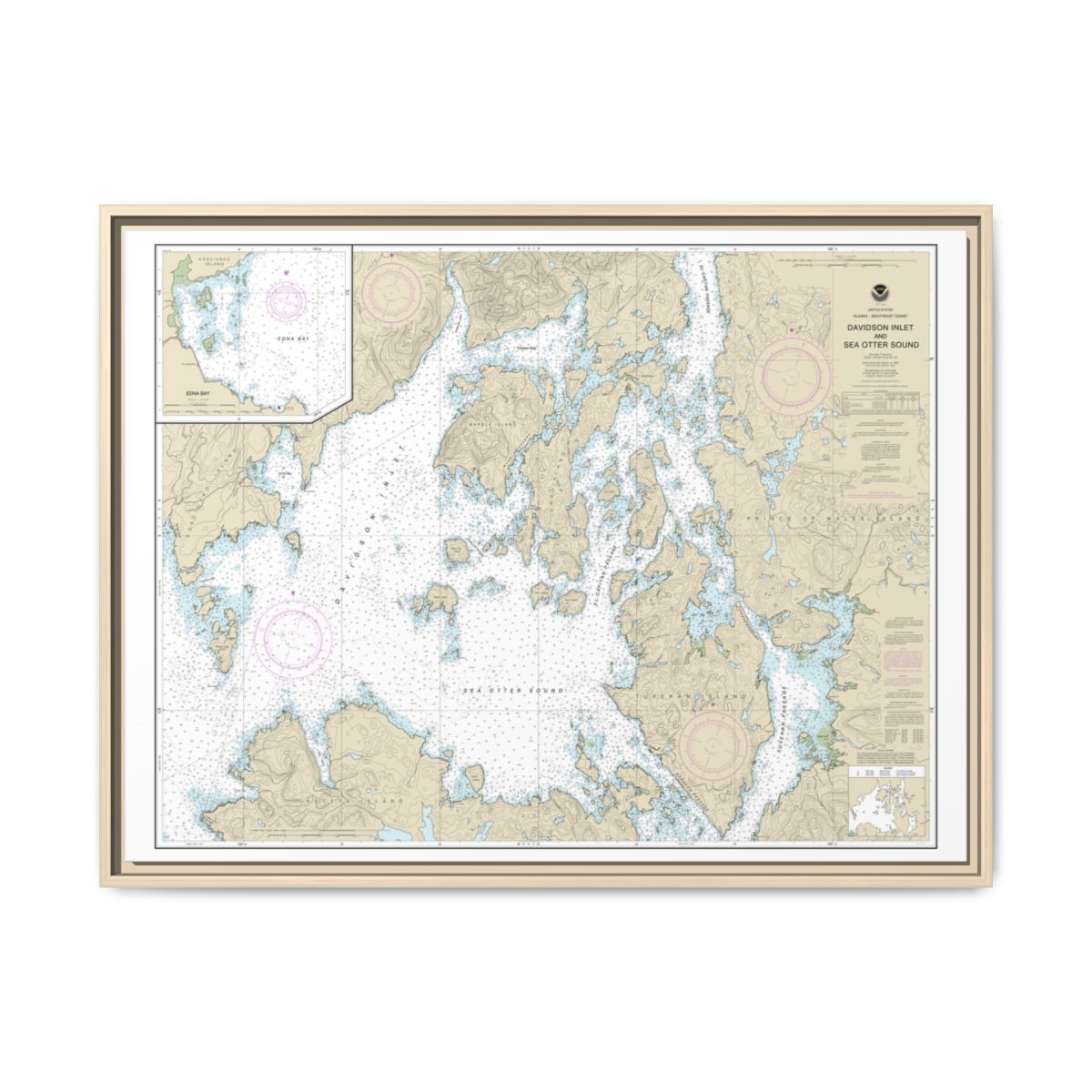 Chart 17403 Davidson Inlet and Sea Otter Sound;Edna Bay - NOAA Nautical Chart Floating Frame Canvas | 32" x 24" | 40" x 30" - Natural front
