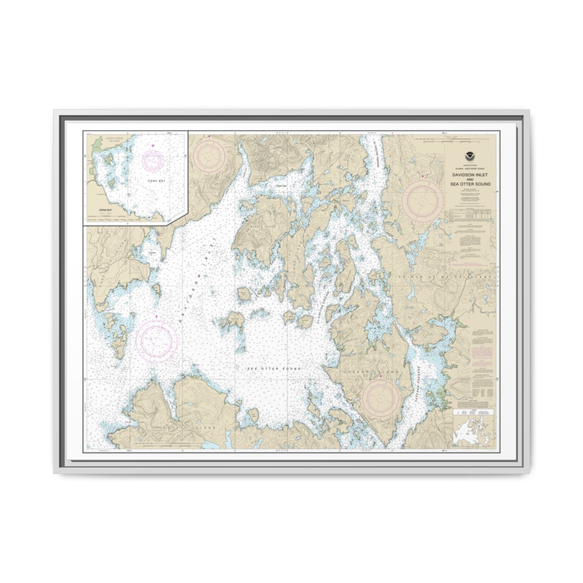 Chart 17403 Davidson Inlet and Sea Otter Sound;Edna Bay - NOAA Nautical Chart Floating Frame Canvas | 32" x 24" | 40" x 30" - White front