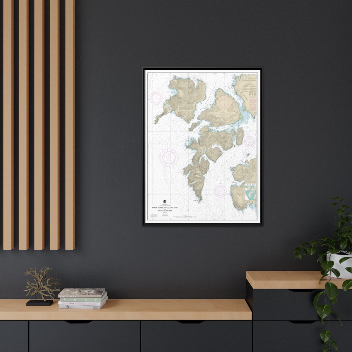 Chart 17406 Baker, Noyes, and LuluIslands and adjacent waters - NOAA Nautical Chart Floating Frame Canvas | 24" x 32" | 30" x 40" - Black context-2