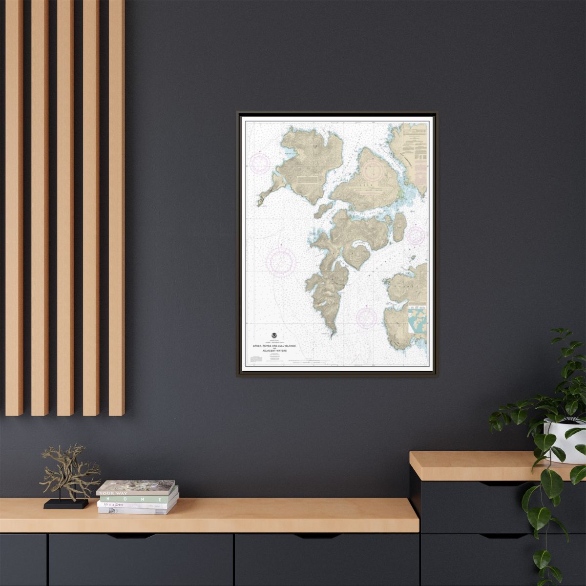 Chart 17406 Baker, Noyes, and LuluIslands and adjacent waters - NOAA Nautical Chart Floating Frame Canvas | 24" x 32" | 30" x 40" - Espresso context-2
