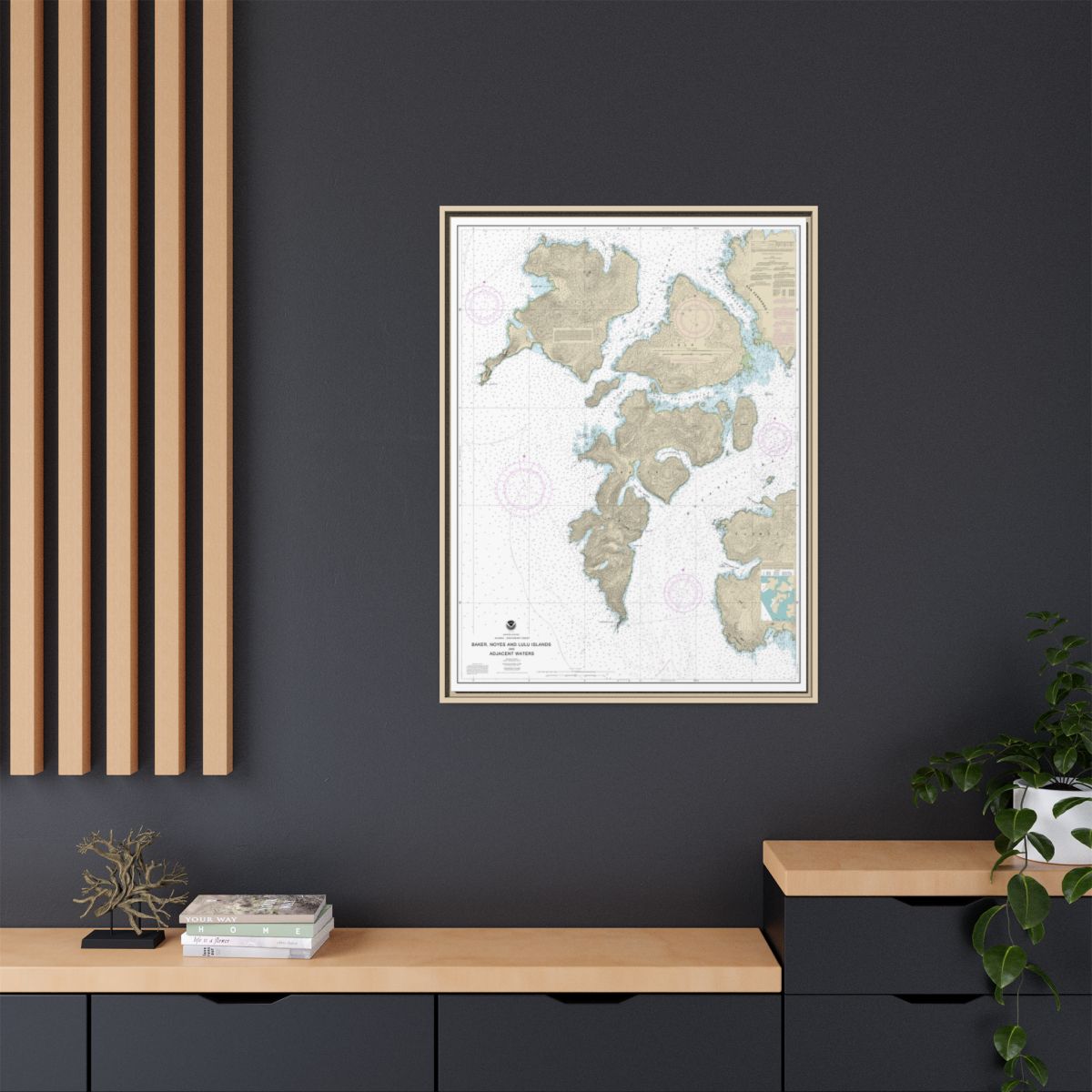 Chart 17406 Baker, Noyes, and LuluIslands and adjacent waters - NOAA Nautical Chart Floating Frame Canvas | 24" x 32" | 30" x 40" - Natural context-2