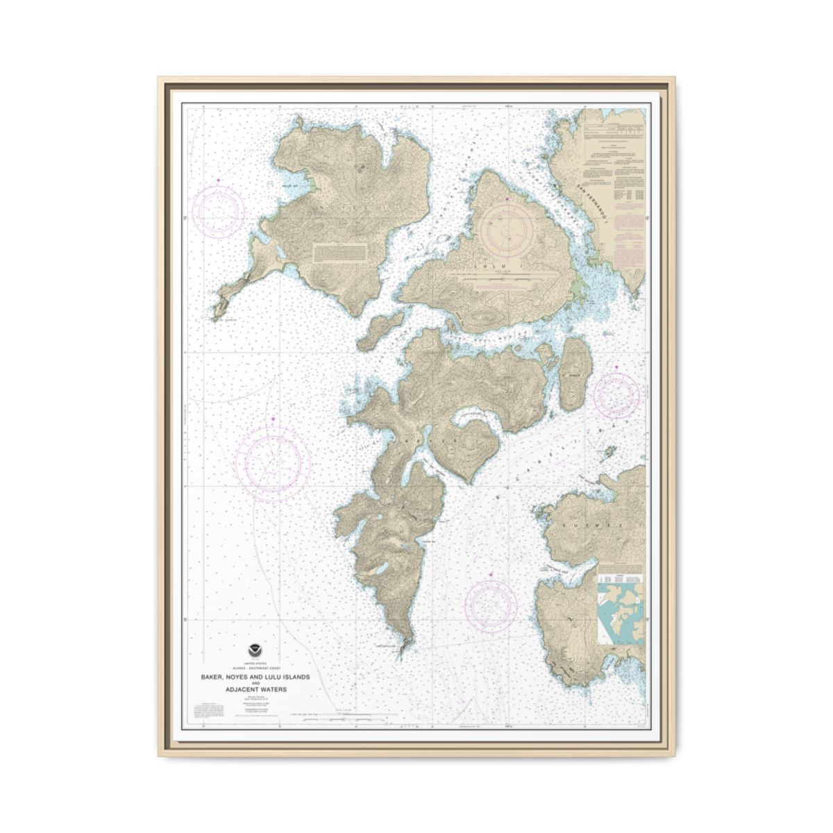 Chart 17406 Baker, Noyes, and LuluIslands and adjacent waters - NOAA Nautical Chart Floating Frame Canvas | 24" x 32" | 30" x 40" - Natural front