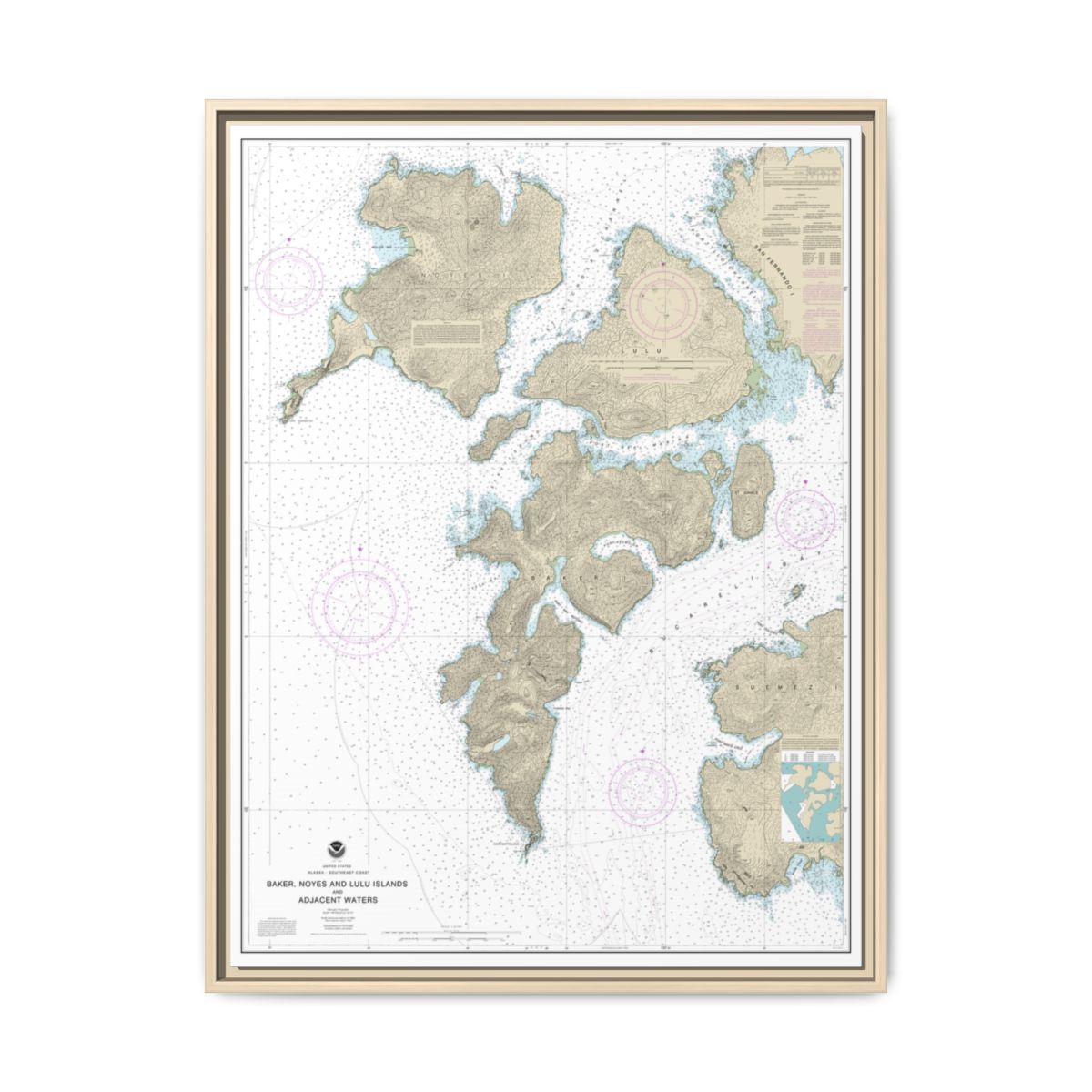 Chart 17406 Baker, Noyes, and LuluIslands and adjacent waters - NOAA Nautical Chart Floating Frame Canvas | 24" x 32" | 30" x 40" - Natural front