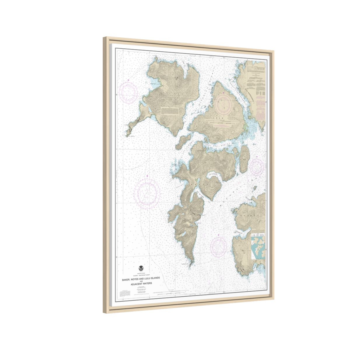 Chart 17406 Baker, Noyes, and LuluIslands and adjacent waters - NOAA Nautical Chart Floating Frame Canvas | 24" x 32" | 30" x 40" - Natural side
