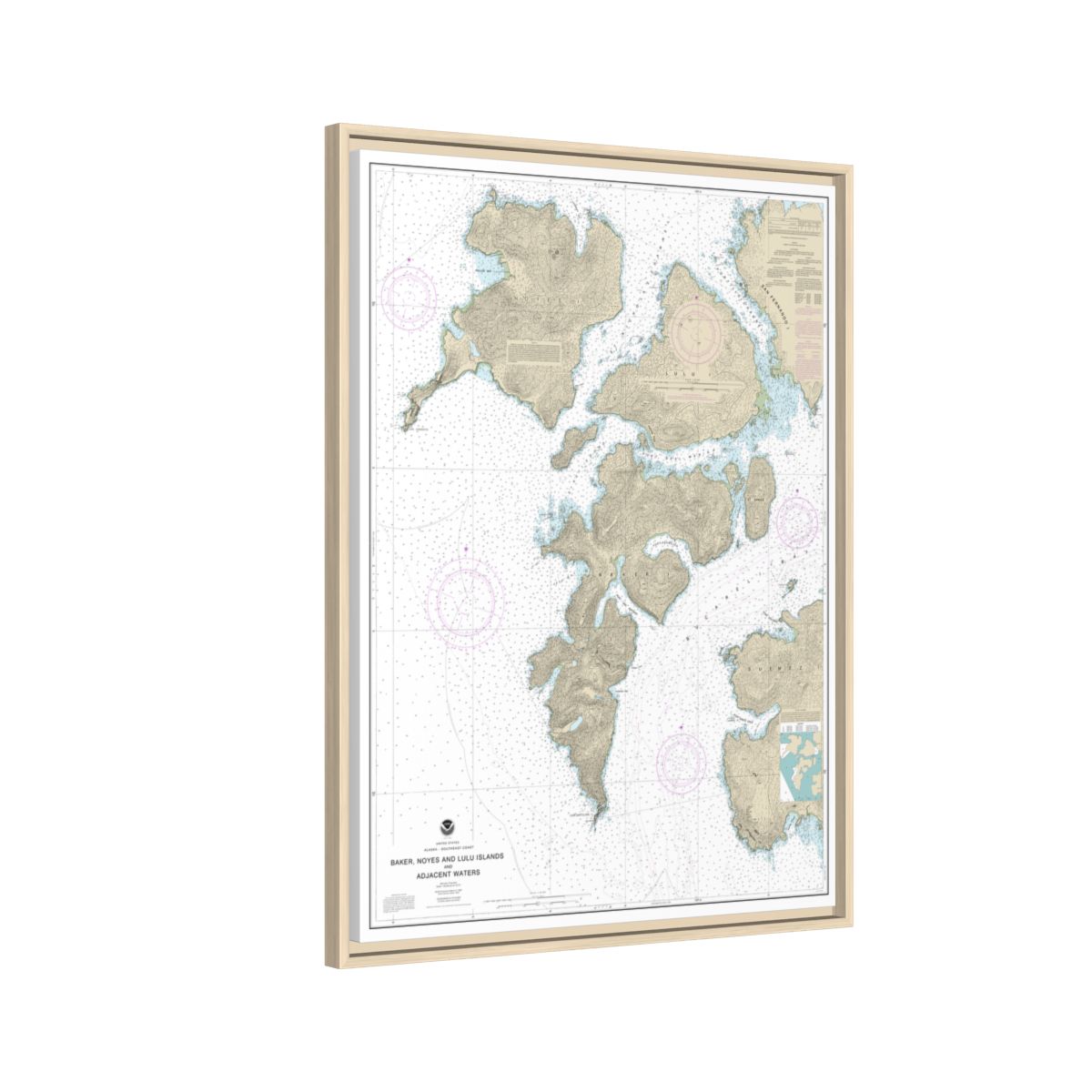 Chart 17406 Baker, Noyes, and LuluIslands and adjacent waters - NOAA Nautical Chart Floating Frame Canvas | 24" x 32" | 30" x 40" - Natural side