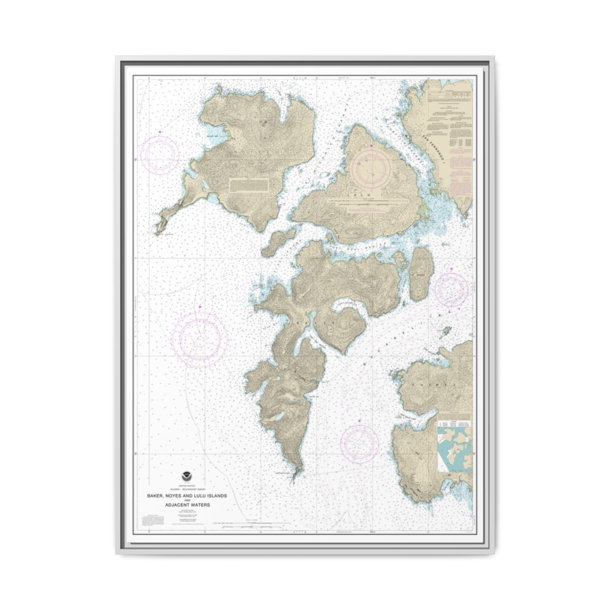 Chart 17406 Baker, Noyes, and LuluIslands and adjacent waters - NOAA Nautical Chart Floating Frame Canvas | 24" x 32" | 30" x 40" - White front
