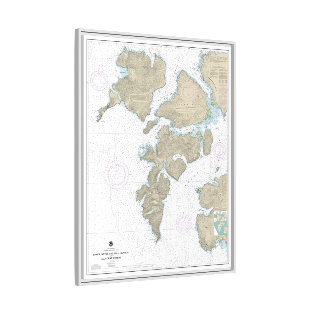 Chart 17406 Baker, Noyes, and LuluIslands and adjacent waters - NOAA Nautical Chart Floating Frame Canvas | 24" x 32" | 30" x 40" - White side