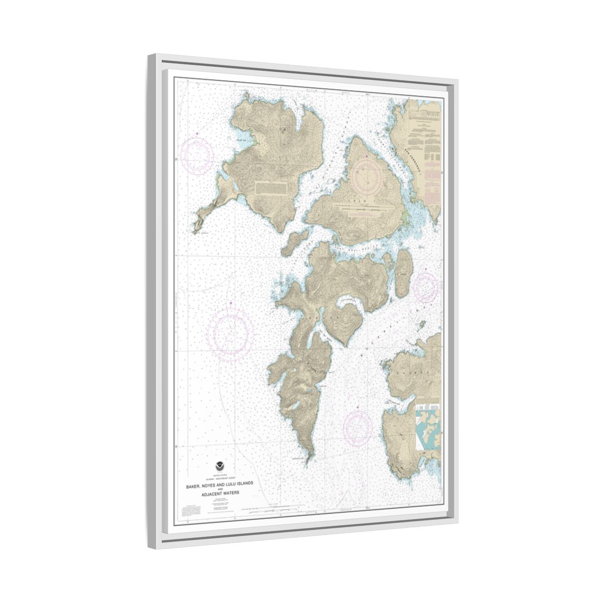 Chart 17406 Baker, Noyes, and LuluIslands and adjacent waters - NOAA Nautical Chart Floating Frame Canvas | 24" x 32" | 30" x 40" - White side