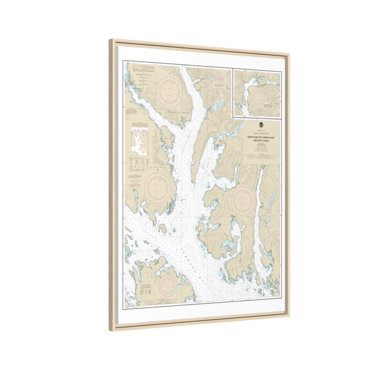 Chart 17431 N. end of Cordova Bay and Hetta Inlet - NOAA Nautical Chart Floating Frame Canvas | 24" x 32" | 30" x 40" - Natural side