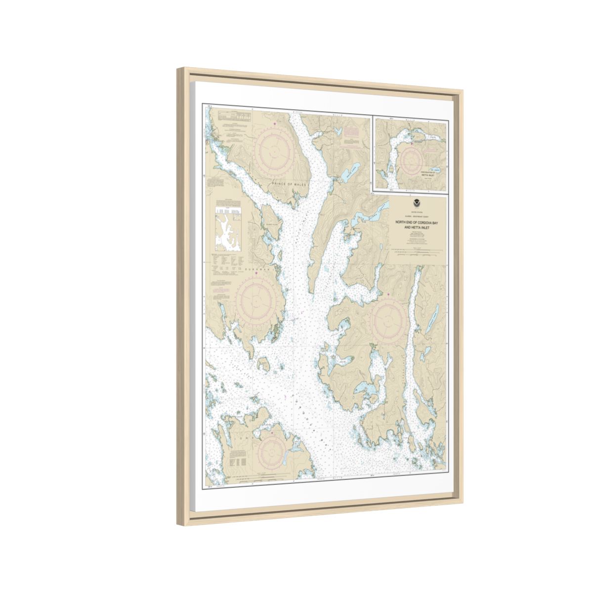 Chart 17431 N. end of Cordova Bay and Hetta Inlet - NOAA Nautical Chart Floating Frame Canvas | 24" x 32" | 30" x 40" - Natural side
