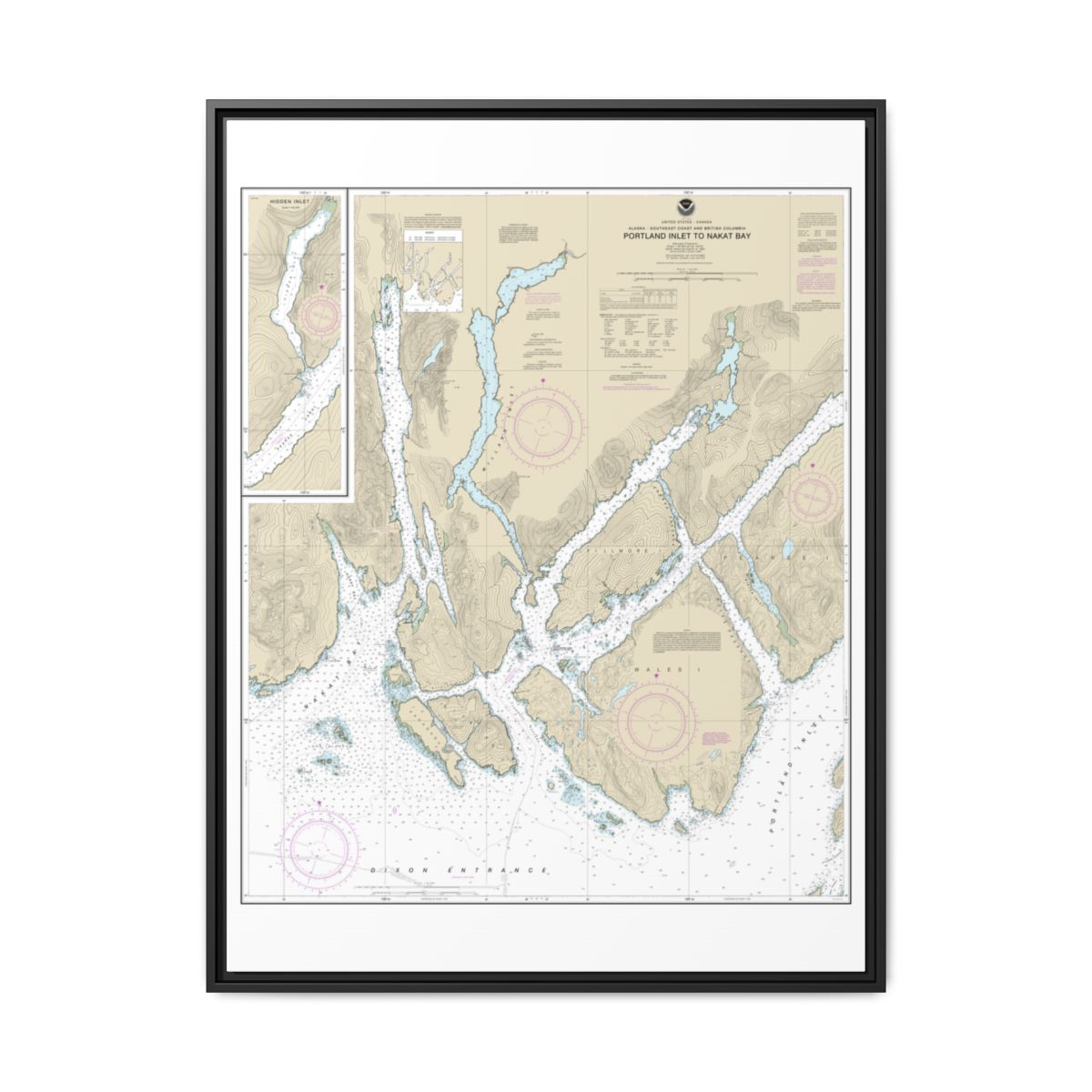 Chart 17437 Portland Inlet to Nakat Bay - NOAA Nautical Chart Floating Frame Canvas | 24" x 32" | 30" x 40" - Black front