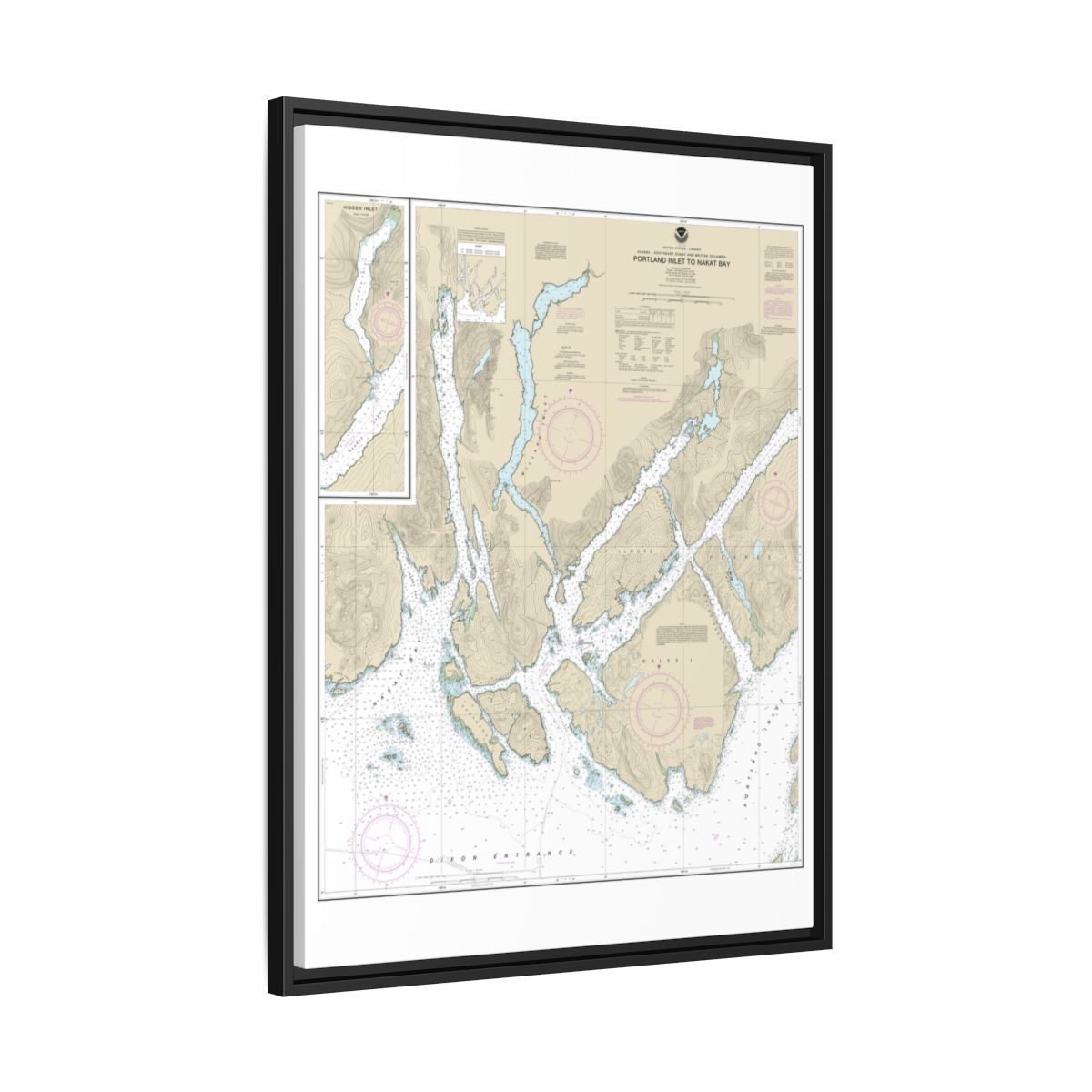 Chart 17437 Portland Inlet to Nakat Bay - NOAA Nautical Chart Floating Frame Canvas | 24" x 32" | 30" x 40" - Black side