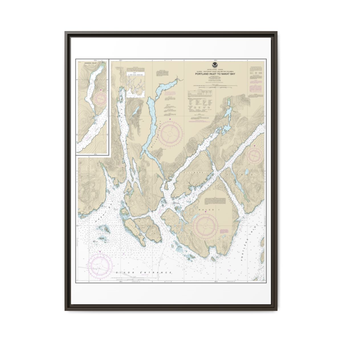 Chart 17437 Portland Inlet to Nakat Bay - NOAA Nautical Chart Floating Frame Canvas | 24" x 32" | 30" x 40" - Espresso front