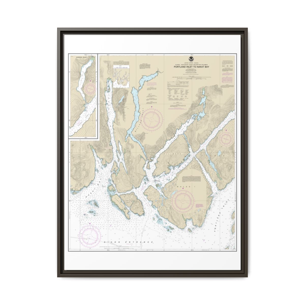 Chart 17437 Portland Inlet to Nakat Bay - NOAA Nautical Chart Floating Frame Canvas | 24" x 32" | 30" x 40" - Espresso front
