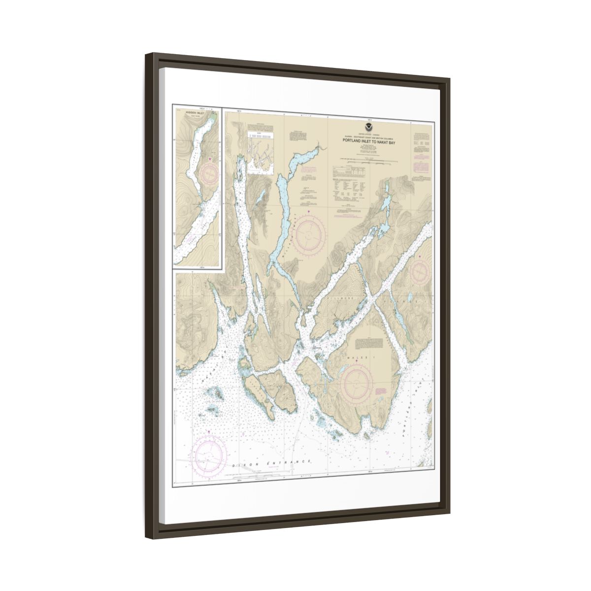 Chart 17437 Portland Inlet to Nakat Bay - NOAA Nautical Chart Floating Frame Canvas | 24" x 32" | 30" x 40" - Espresso side