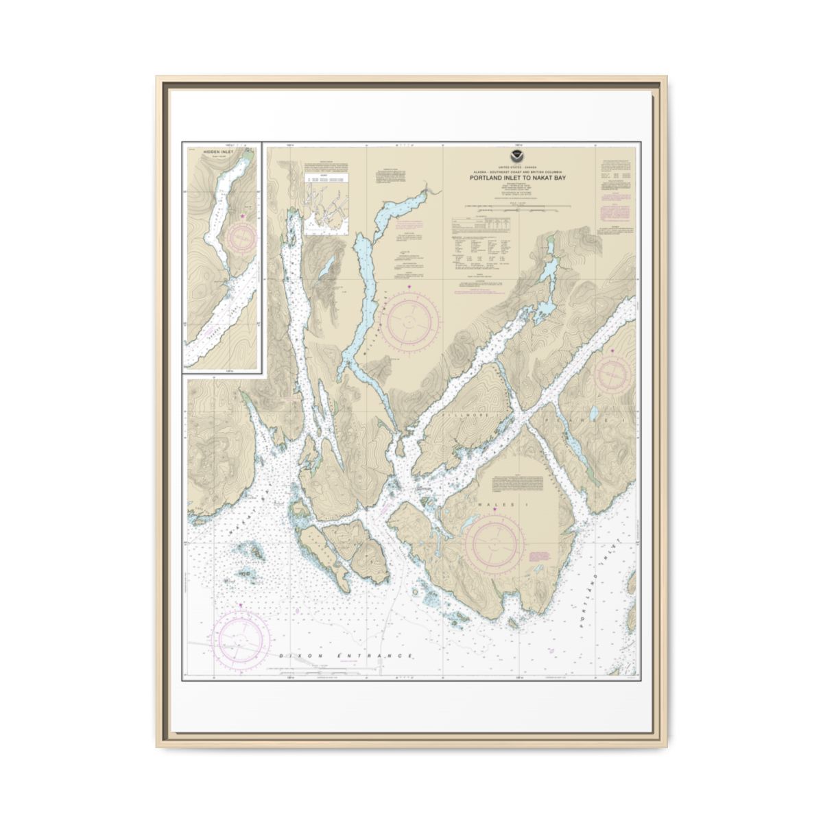 Chart 17437 Portland Inlet to Nakat Bay - NOAA Nautical Chart Floating Frame Canvas | 24" x 32" | 30" x 40" - Natural front