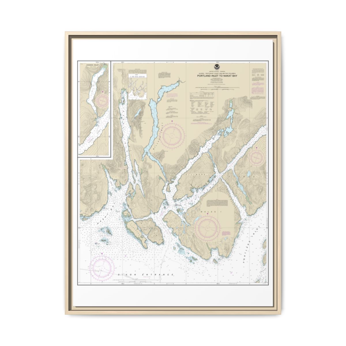 Chart 17437 Portland Inlet to Nakat Bay - NOAA Nautical Chart Floating Frame Canvas | 24" x 32" | 30" x 40" - Natural front