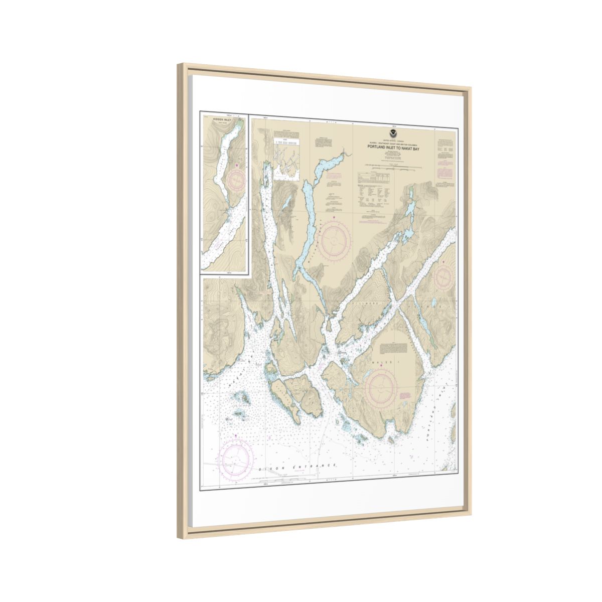 Chart 17437 Portland Inlet to Nakat Bay - NOAA Nautical Chart Floating Frame Canvas | 24" x 32" | 30" x 40" - Natural side