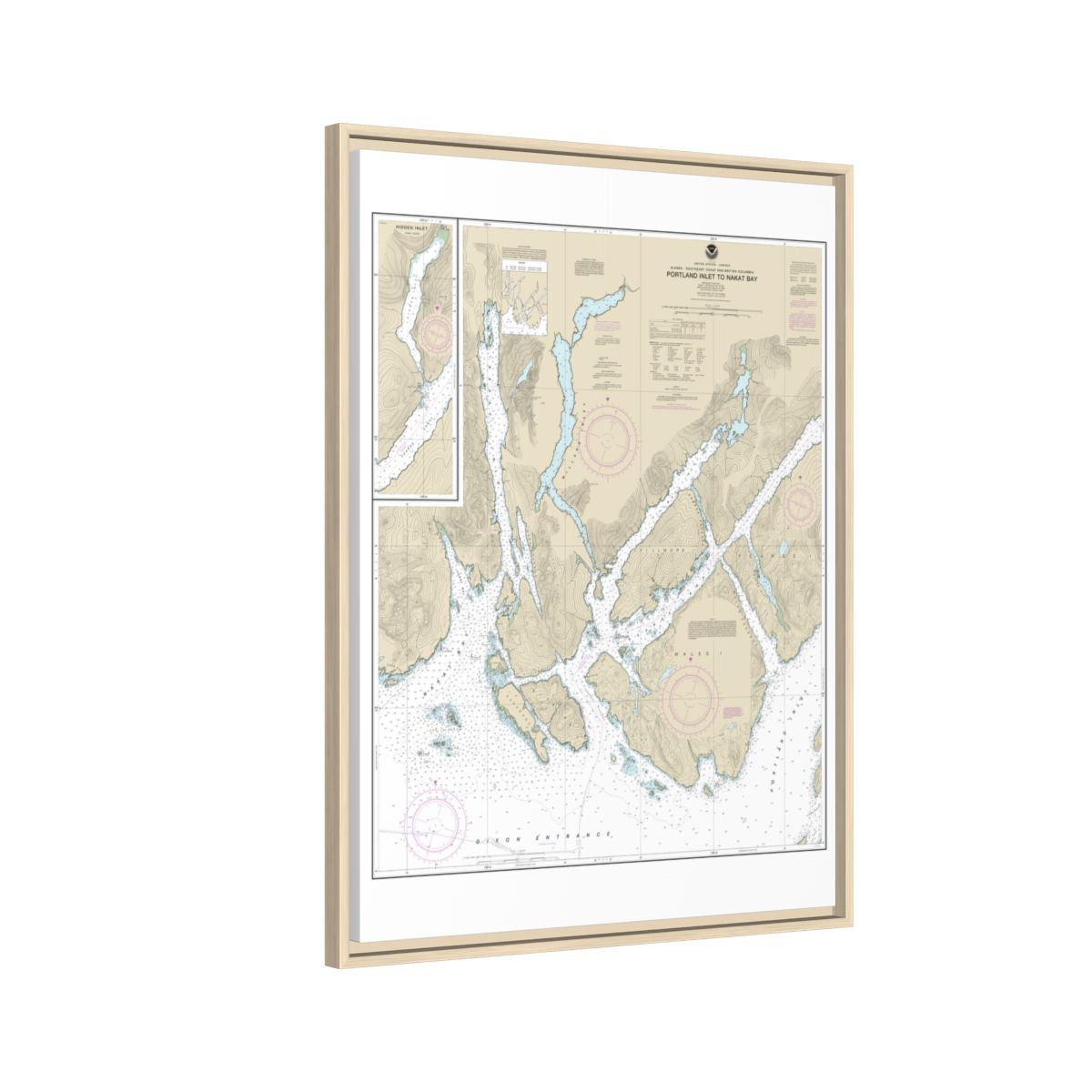 Chart 17437 Portland Inlet to Nakat Bay - NOAA Nautical Chart Floating Frame Canvas | 24" x 32" | 30" x 40" - Natural side