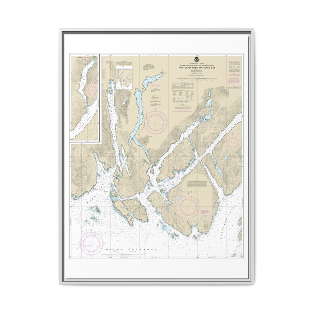 Chart 17437 Portland Inlet to Nakat Bay - NOAA Nautical Chart Floating Frame Canvas | 24" x 32" | 30" x 40" - White front