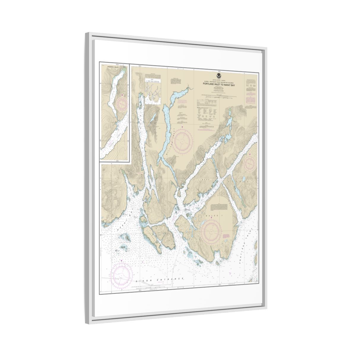 Chart 17437 Portland Inlet to Nakat Bay - NOAA Nautical Chart Floating Frame Canvas | 24" x 32" | 30" x 40" - White side
