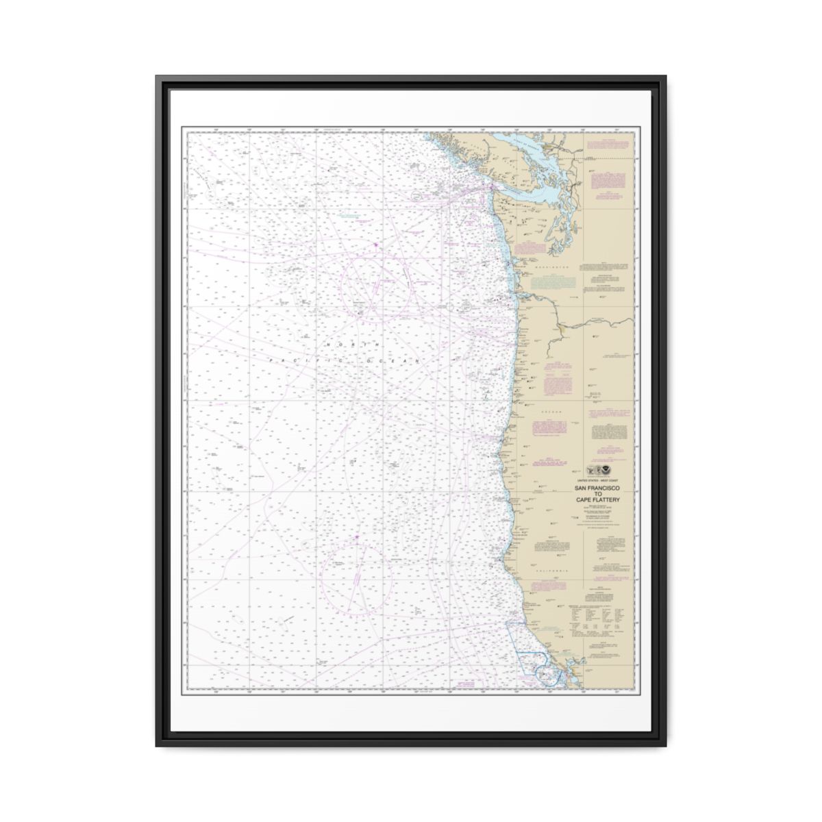 Chart 18007 San Francisco to Cape Flattery - NOAA Nautical Chart Floating Frame Canvas | 24" x 32" | 30" x 40" - Black front
