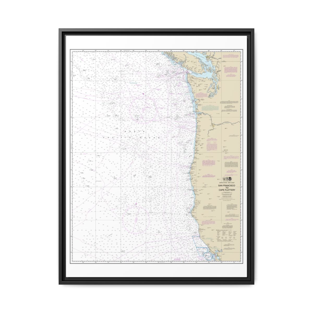 Chart 18007 San Francisco to Cape Flattery - NOAA Nautical Chart Floating Frame Canvas | 24" x 32" | 30" x 40" - Black front