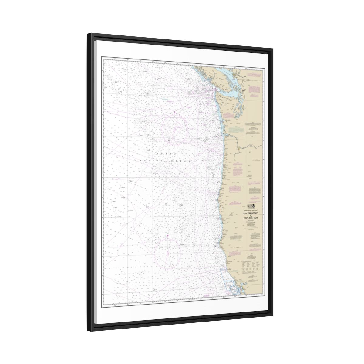 Chart 18007 San Francisco to Cape Flattery - NOAA Nautical Chart Floating Frame Canvas | 24" x 32" | 30" x 40" - Black side