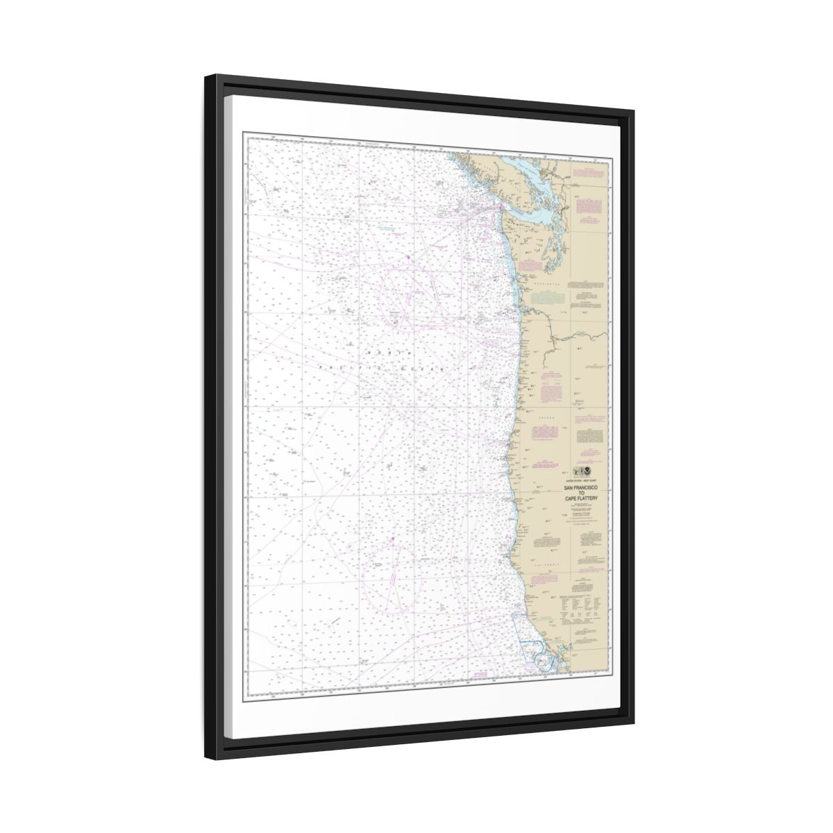 Chart 18007 San Francisco to Cape Flattery - NOAA Nautical Chart Floating Frame Canvas | 24" x 32" | 30" x 40" - Black side
