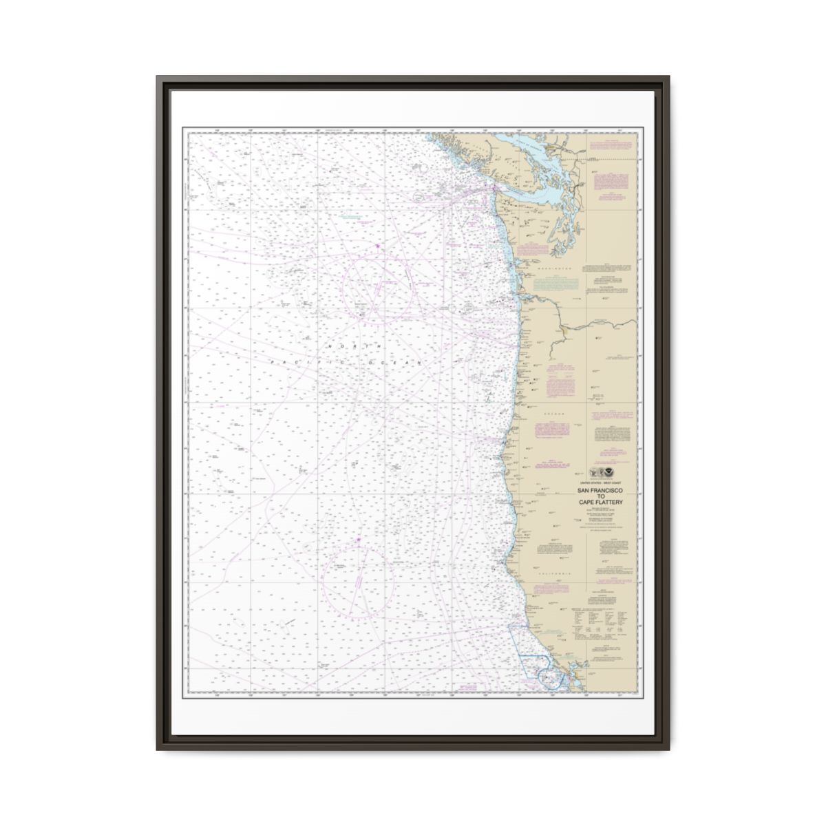 Chart 18007 San Francisco to Cape Flattery - NOAA Nautical Chart Floating Frame Canvas | 24" x 32" | 30" x 40" - Espresso front