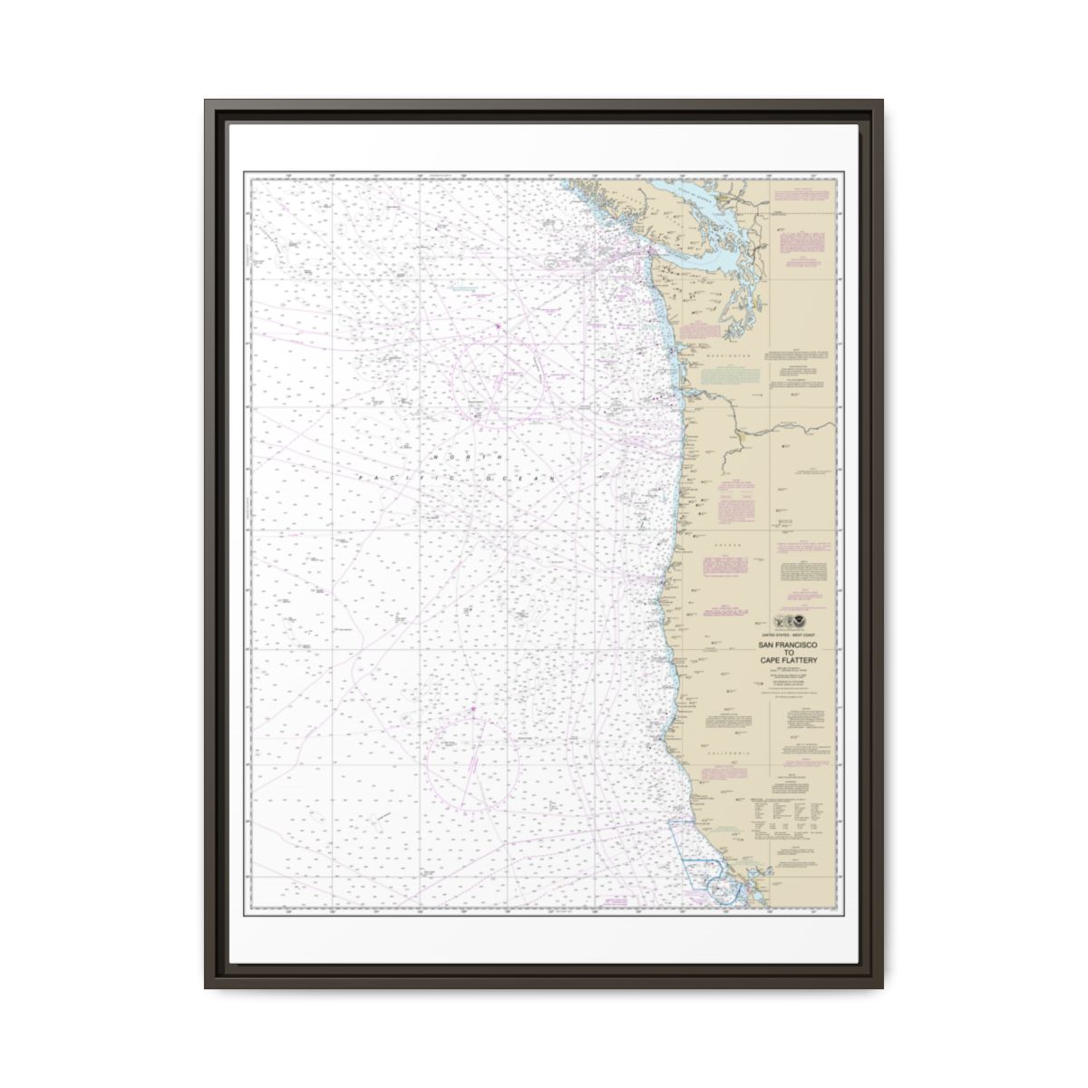 Chart 18007 San Francisco to Cape Flattery - NOAA Nautical Chart Floating Frame Canvas | 24" x 32" | 30" x 40" - Espresso front