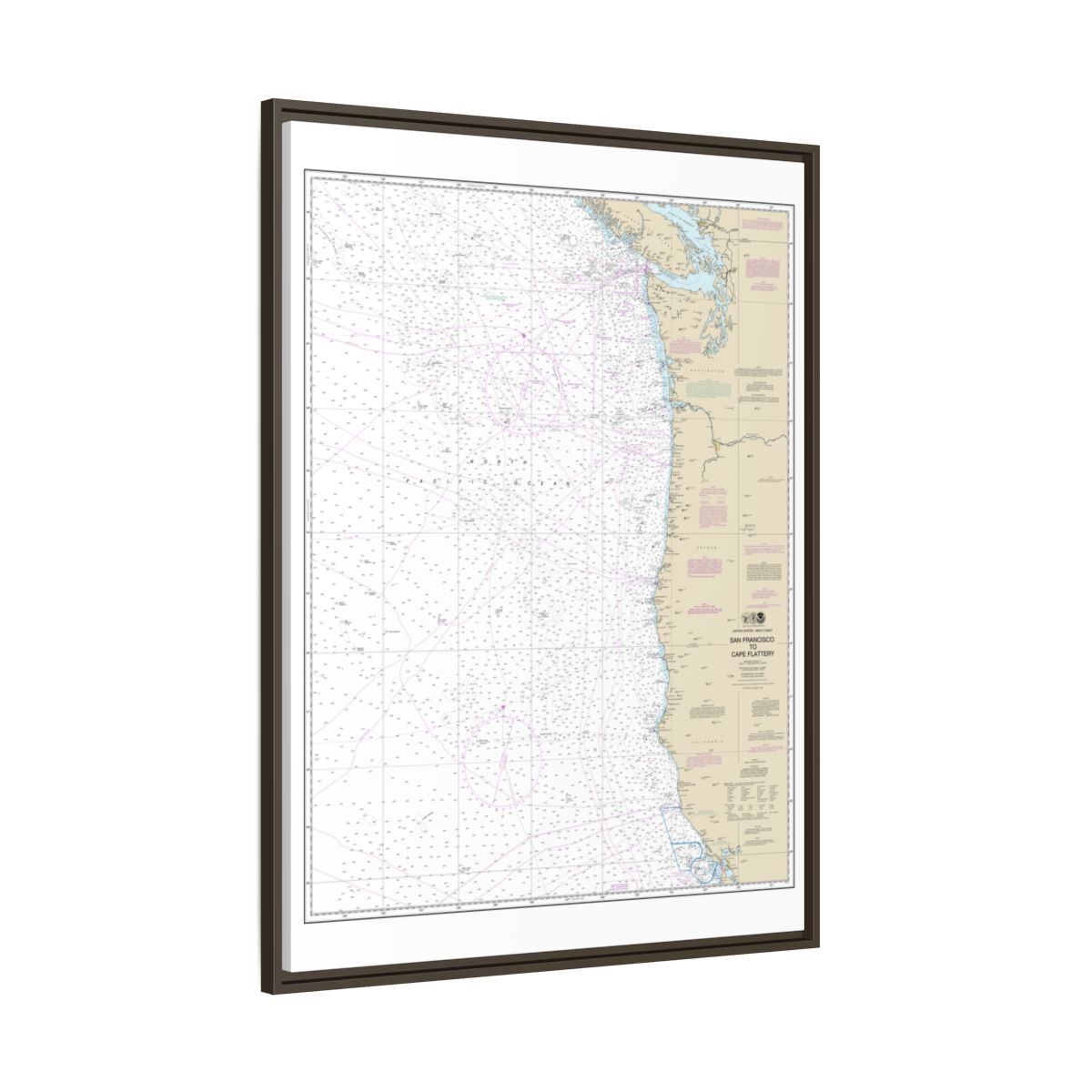 Chart 18007 San Francisco to Cape Flattery - NOAA Nautical Chart Floating Frame Canvas | 24" x 32" | 30" x 40" - Espresso side