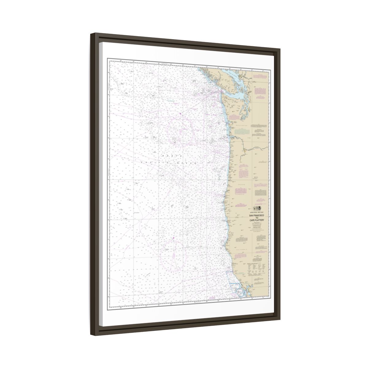 Chart 18007 San Francisco to Cape Flattery - NOAA Nautical Chart Floating Frame Canvas | 24" x 32" | 30" x 40" - Espresso side