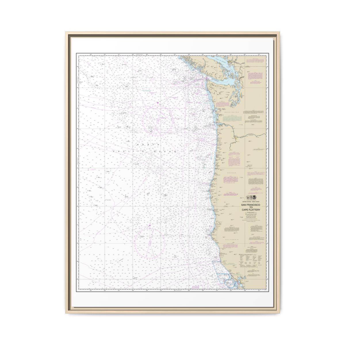 Chart 18007 San Francisco to Cape Flattery - NOAA Nautical Chart Floating Frame Canvas | 24" x 32" | 30" x 40" - Natural front