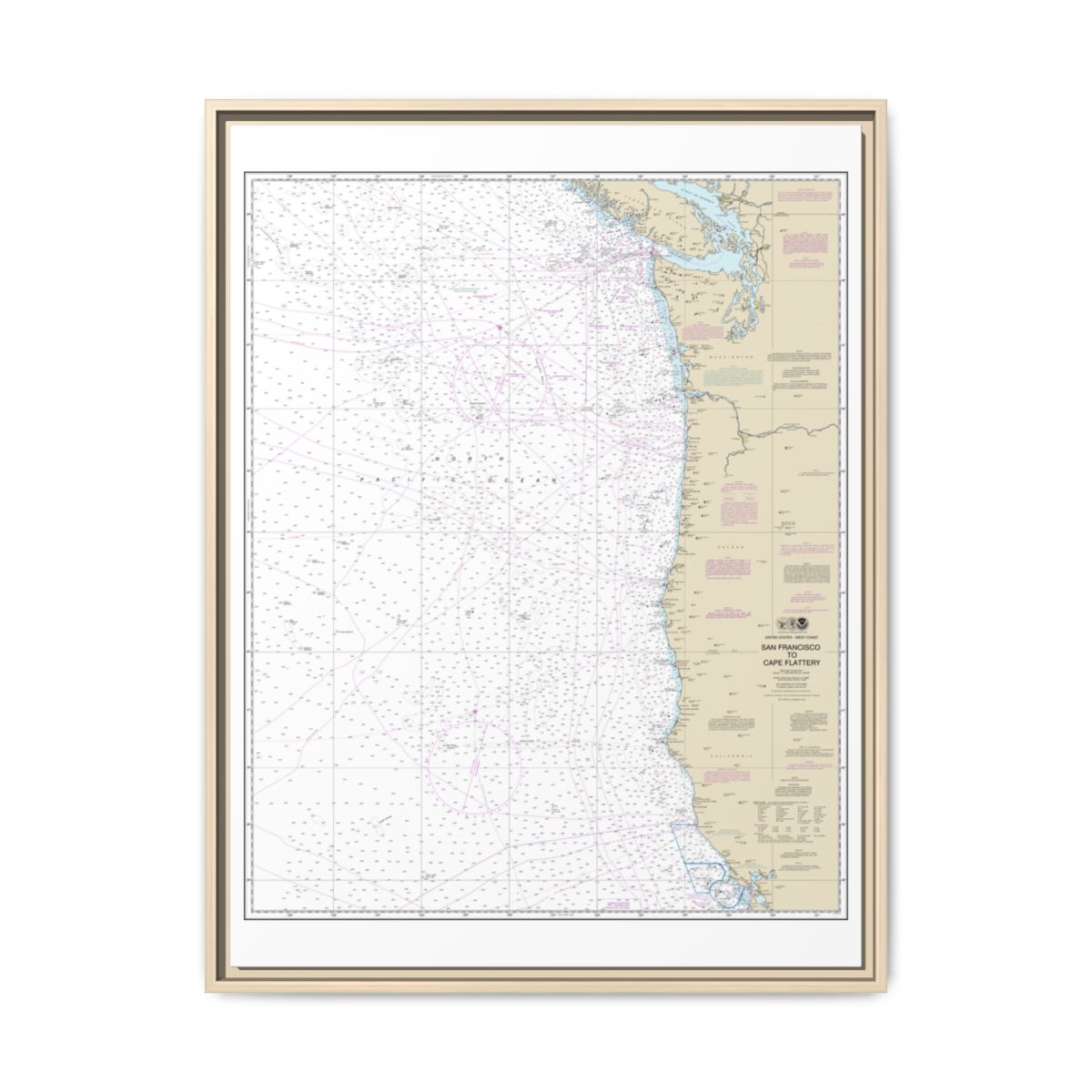 Chart 18007 San Francisco to Cape Flattery - NOAA Nautical Chart Floating Frame Canvas | 24" x 32" | 30" x 40" - Natural front