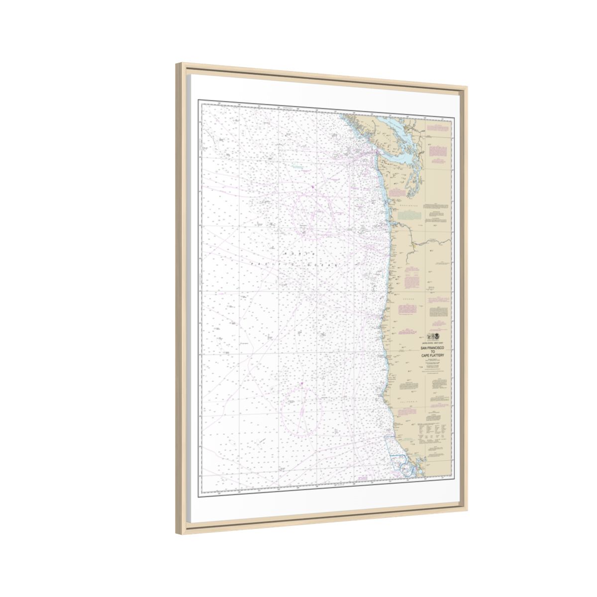 Chart 18007 San Francisco to Cape Flattery - NOAA Nautical Chart Floating Frame Canvas | 24" x 32" | 30" x 40" - Natural side