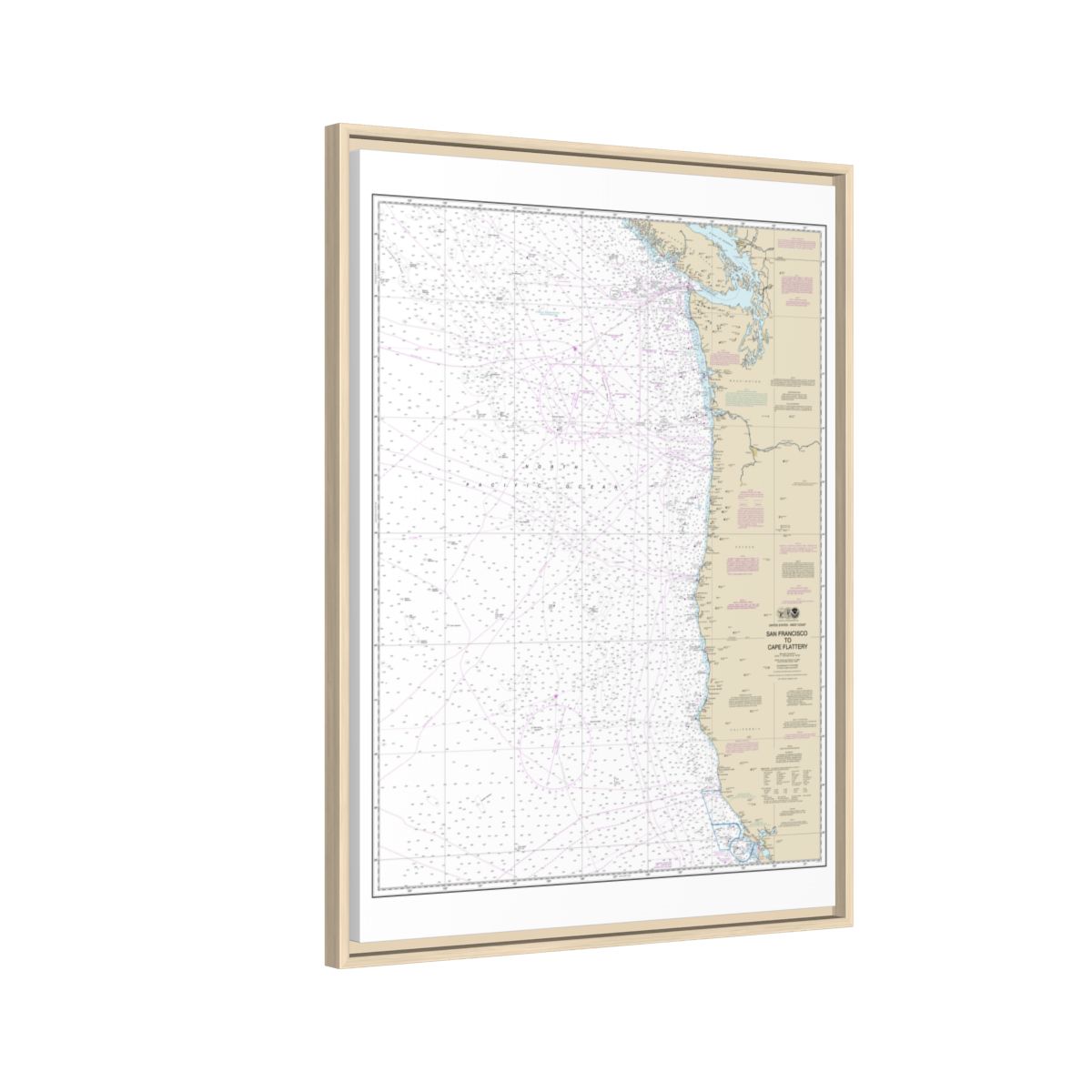 Chart 18007 San Francisco to Cape Flattery - NOAA Nautical Chart Floating Frame Canvas | 24" x 32" | 30" x 40" - Natural side