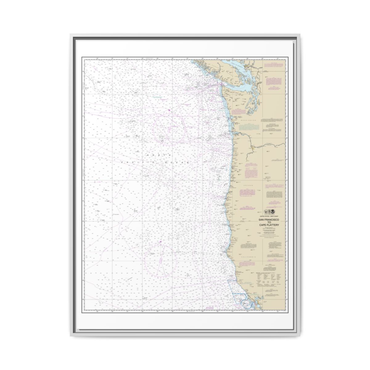 Chart 18007 San Francisco to Cape Flattery - NOAA Nautical Chart Floating Frame Canvas | 24" x 32" | 30" x 40" - White front